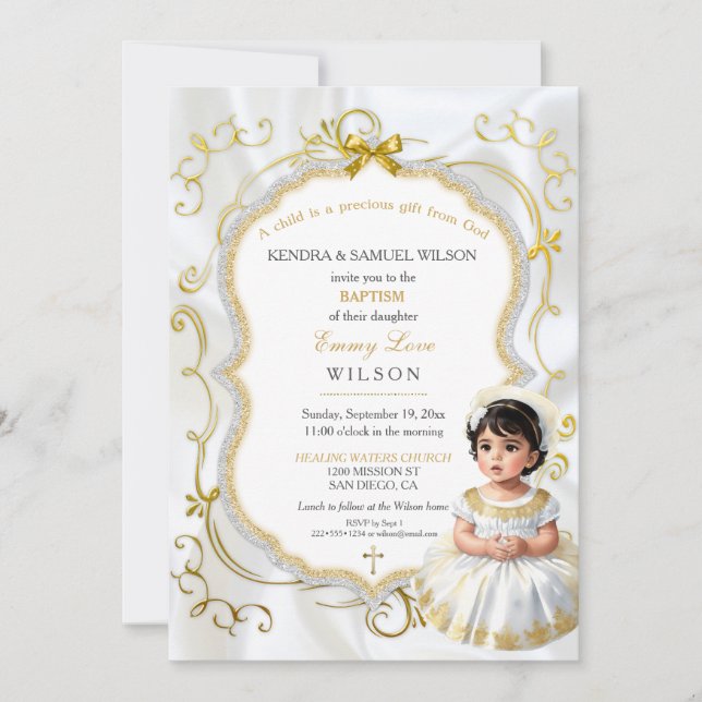 Baby Girl Baptism Communion Christening White Gold Invitation (Front)