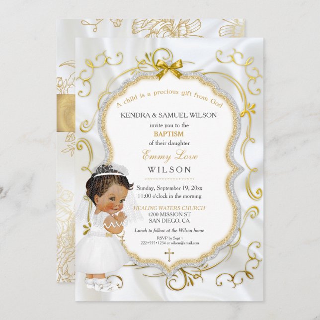 Baby Girl Baptism Communion Gold Cross Invitation (Front/Back)