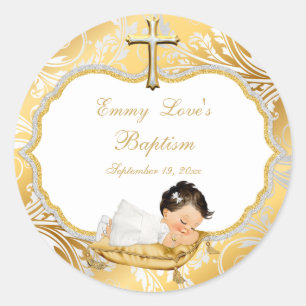 Baby Girl Baptism Gold Cross Classic Round Sticker