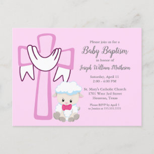 Baby Girl Baptism Little Lamb Cute Pink Invitation Postcard
