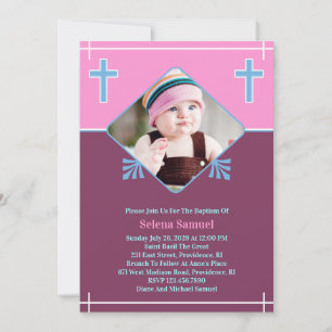 Baby Girl Baptism Photo Flat Invitation