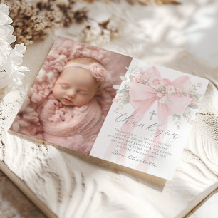 Baby Girl Baptism Photo Floral Bow Thank you Card