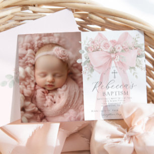 Baby Girl Baptism Photo Floral Eucalyptus Bow Invitation
