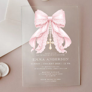 Baby Girl Baptism Pink Bow Acrylic Invitations