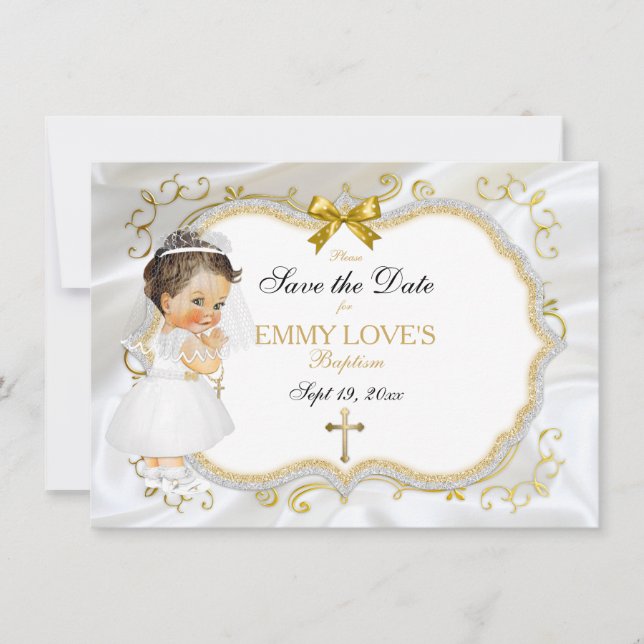 Baby Girl Baptism Save Date White Gold Cross Save The Date (Front)