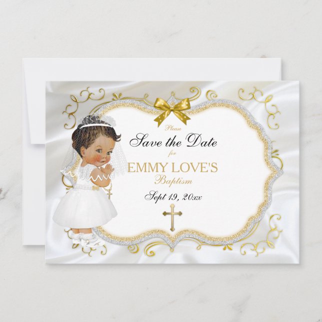 Baby Girl Baptism Save Date White Gold Cross Save The Date (Front)