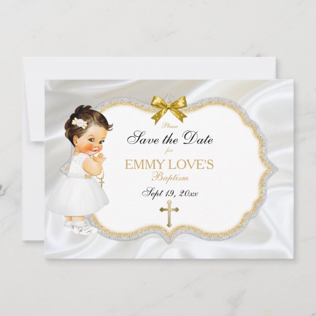 Baby Girl Baptism Save Date White Gold Cross Save The Date (Front)