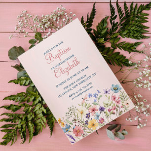 Baby Girl Baptism Watercolor Floral Invitation