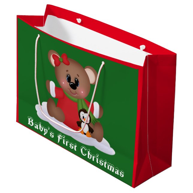 Baby girl bear First Christmas large gift bag (Front Angled)