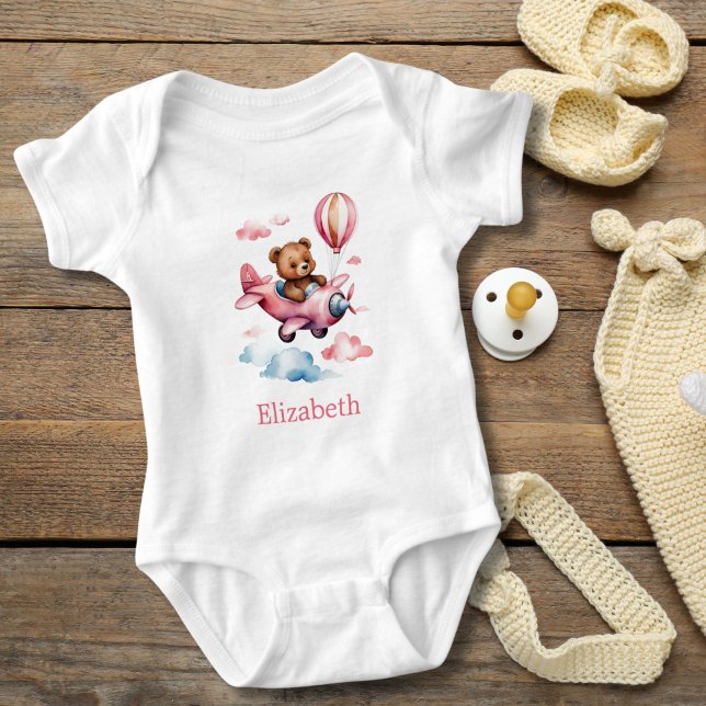 Baby Girl Bear Flying Aeroplane Baby Gift Baby Bodysuit (Girl Bear flying an Airplane personalized baby girl body suit. Baby shower gift. New baby girl gift)