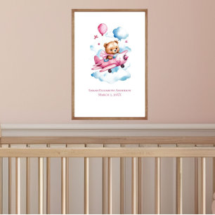 Baby Girl Bear Flying Aeroplane Nursery Wall Art