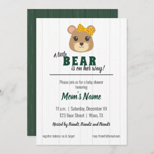 Baby Girl Bear Green & Gold Baby Shower Invitation