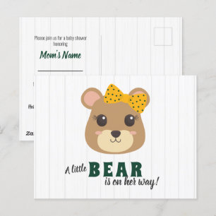 Baby Girl Bear Green & Gold Baby Shower Invitation Postcard