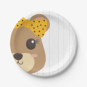 Baby Girl Bear Green & Gold Baby Shower Paper Plate