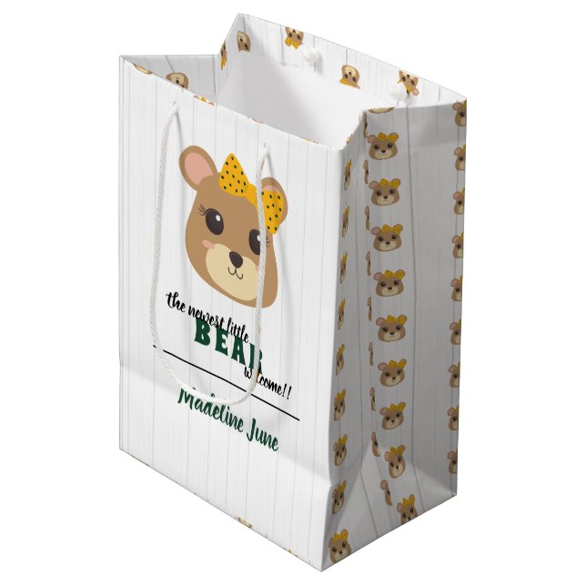 Baby Girl Bear Green & Gold Medium Gift Bag (Front Angled)