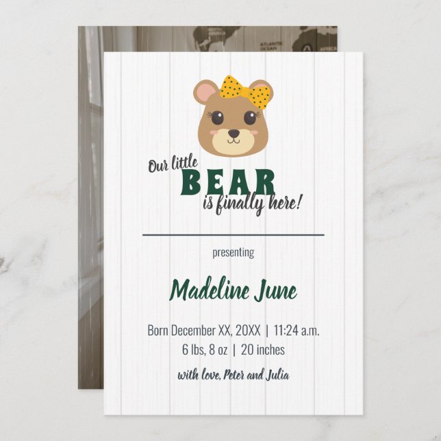 Baby Girl Bear Green & Gold Vertical Baby Announcement (Front/Back)