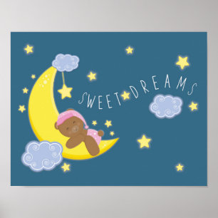 Baby Girl Bear Moon Celestial Stars Nursery Print