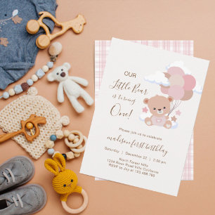 Baby Girl Bear With Balloons Clouds 1st Birthday Invitation