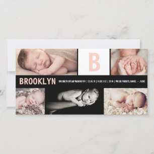 Baby Girl Big Pink Initial 5 Photo Collage Birth Announcement