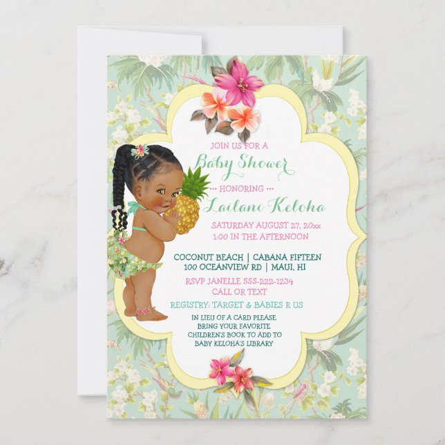 Baby Girl Bikini Tropical Luau Hawaiian Pineapple Invitation (Front)