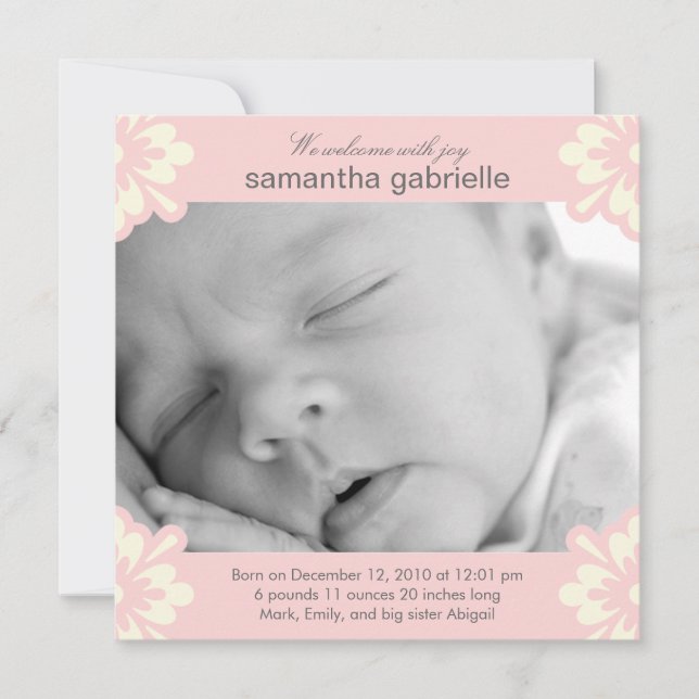 Baby Girl Birth Announcement - Floral Corners (Front)