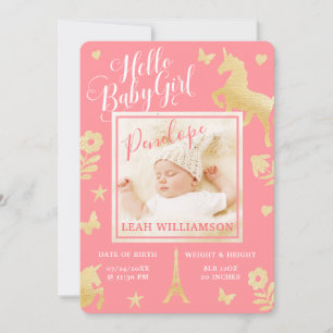 Baby Girl Birth Announcement   Magical Unicorn