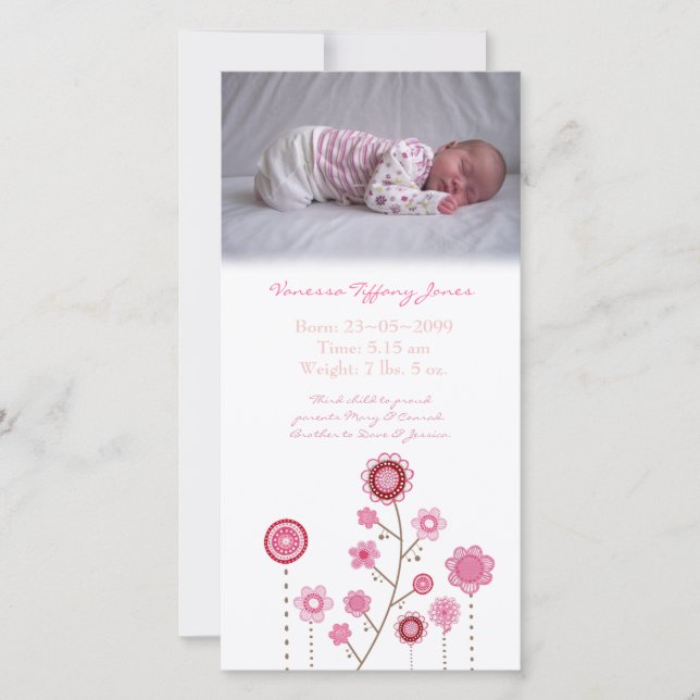 Baby Girl Birth Announcement Photo Card Template (Front)