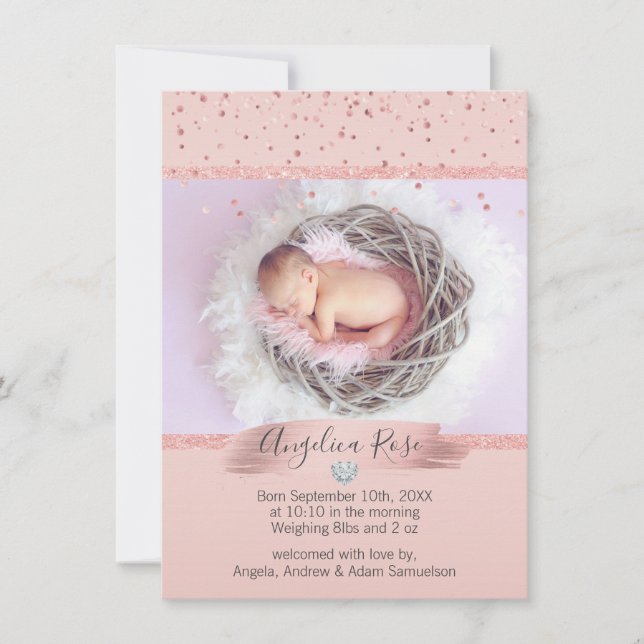 Baby Girl Birth Announcement Pink Rose | PHOTO (Front)