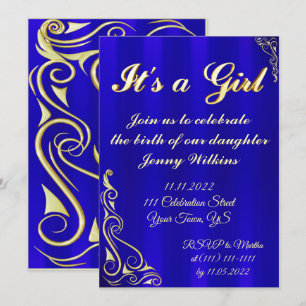 Baby Girl Birth Celebration Gold and Blue Invitation