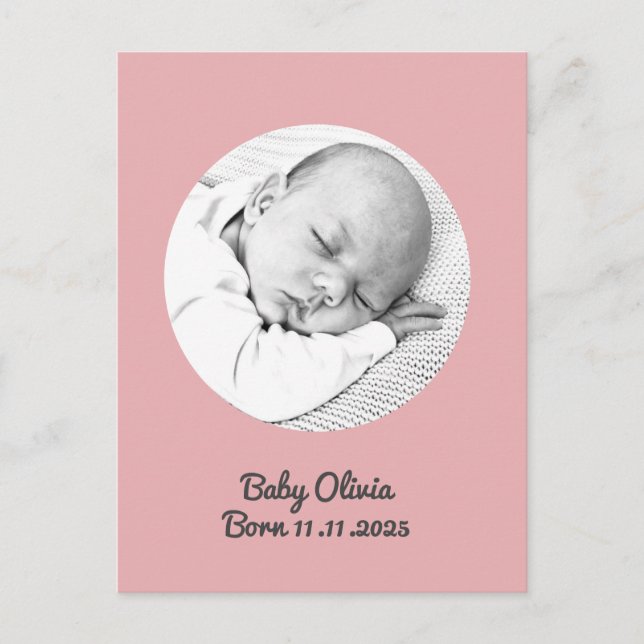 "Baby Girl Birth – Pink Photo & Name" custom  Postcard (Front)