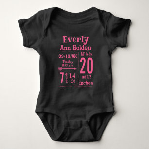 Baby Girl Birth Record Stats Pink and Black Bodysuit