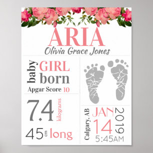 Baby Girl Birth Stat Sign Pink Floral Footprint