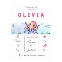 Baby Girl birth stats aquatic theme Nursery poster