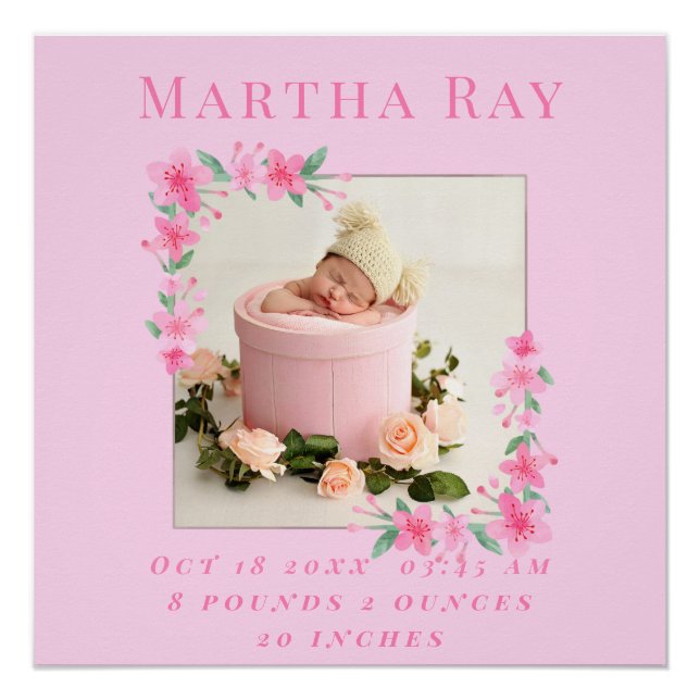 Baby Girl Birth Stats Birth Record Keepsake Photo  Poster (Front)