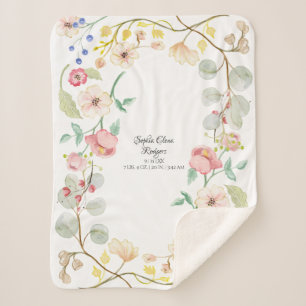 Baby Girl Birth Stats Blush Pink Modern Floral Art Sherpa Blanket