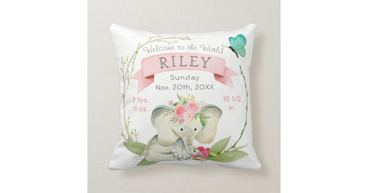 Baby Girl Birth Stats Cute Elephant Cushion | Zazzle.com.au