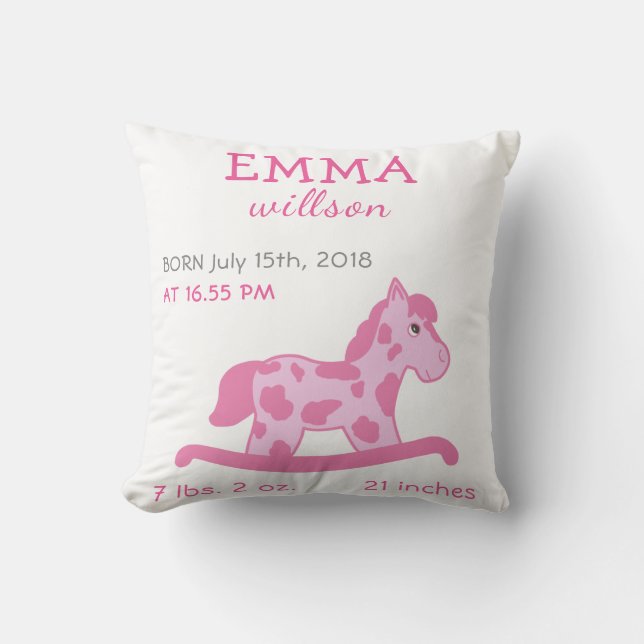 Baby Girl Birth Stats Cute Pink Rocking Horse Cushion (Front)