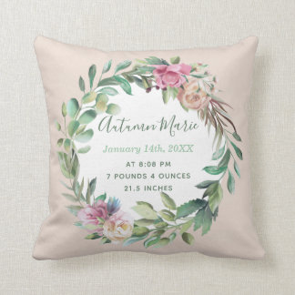 Baby Girl Birth Stats Floral Cushion