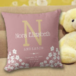 Baby Girl Birth Stats Flowers Monogram Nursery Cushion<br><div class="desc">This cute nursery pillow features a blush background with accents of gold and white and is perfect for your newborn baby girl. The design offers custom text for a monogram,  name and birth stats and is accented with white daisy flowers.</div>