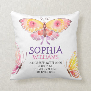 Baby Girl Birth Stats Gold Cute Butterfly Cushion