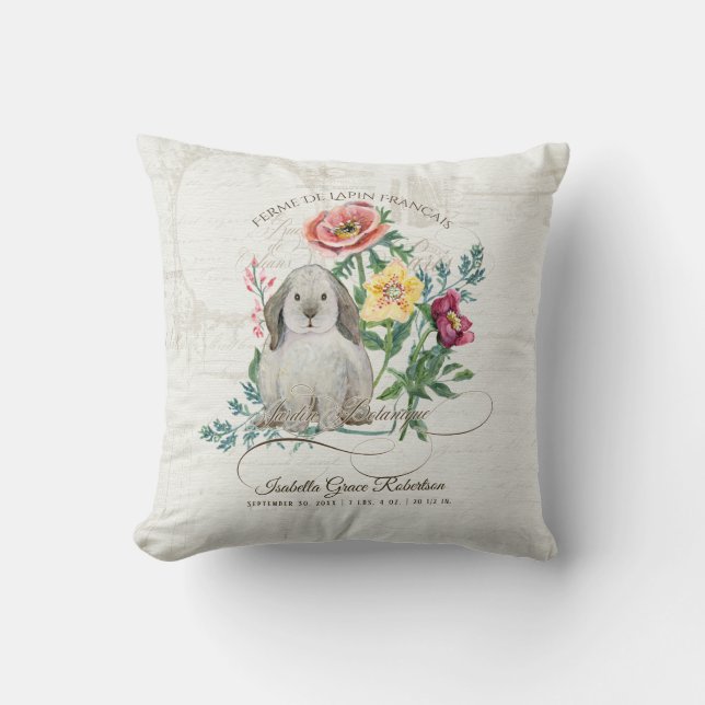 Baby Girl Birth Stats Name Nursery Floral Rabbit Cushion (Front)