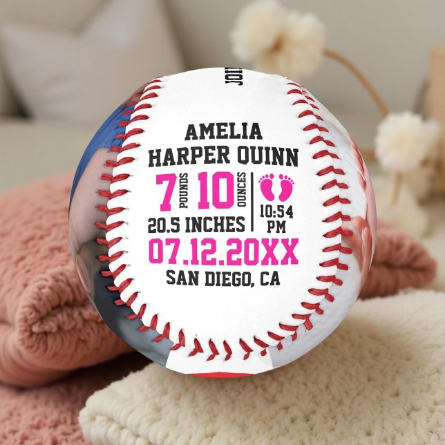 Baby Girl Birth Stats | Personalised Photo or Text Baseball (Creator Uploaded)