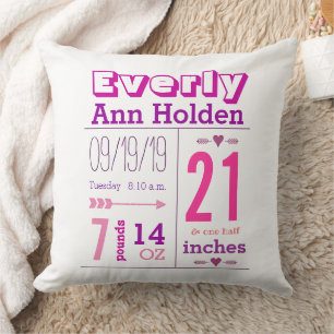 Baby Girl Birth Stats Pink and Purple Cushion
