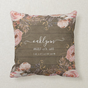 Baby Girl Birth Stats Rustic Wood Floral Pink Rose Cushion