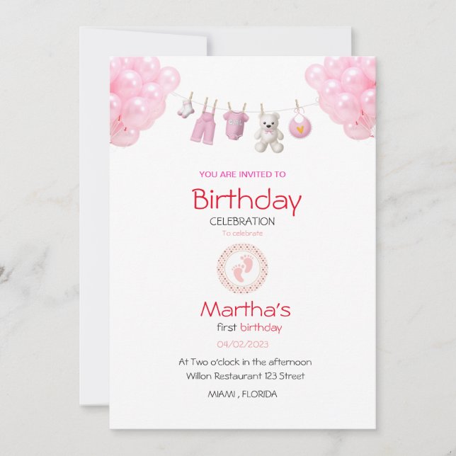 baby girl birthday invitation card (Front)
