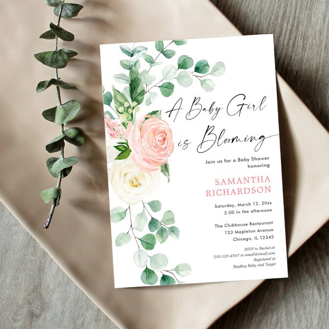 Baby girl blooming spring floral greenery shower invitation (Creator Uploaded)