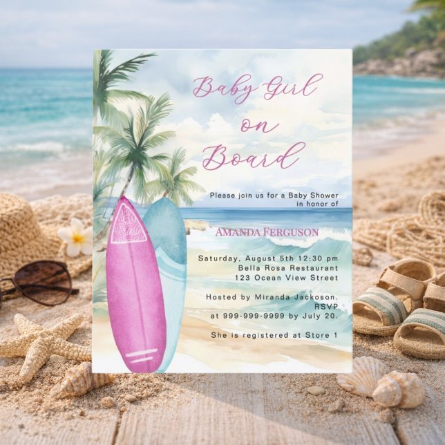 Baby Girl Board surfboard Baby Shower invitation (Creator Uploaded)