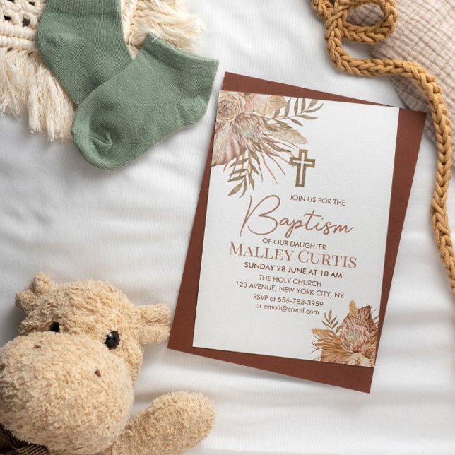 Baby Girl Boho Floral Brown Baptism Invitation (Baby Girl Boho Floral Brown Baptism Invitation)