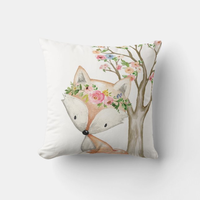 Baby Girl Boho Fox Woodland Floral Nursery Pillow (Front)