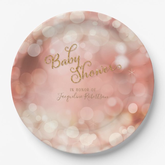 Baby Girl Bokeh Sparkle Twinkle Lights Pastel Pink Paper Plate (Front)